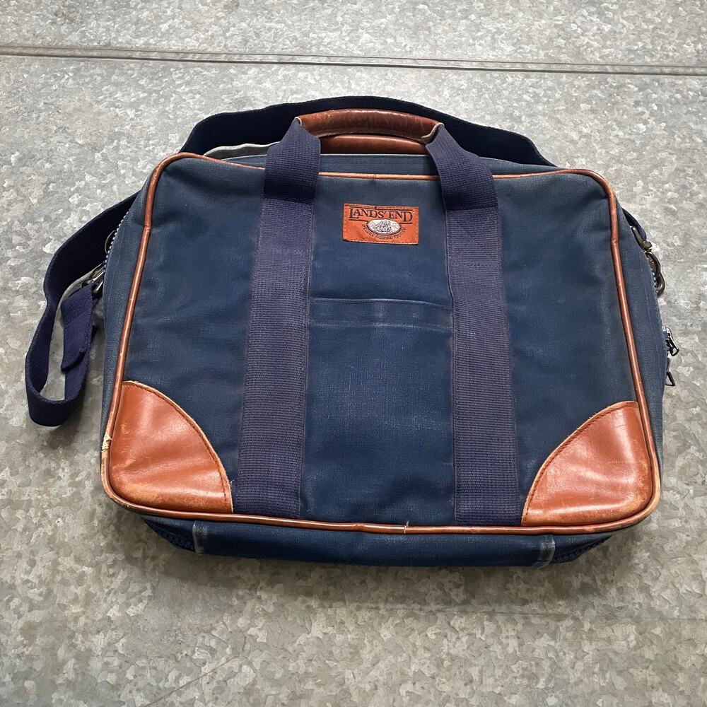 Vintage Lands End Deluxe Square Rigger Travel Messenger Bag Briefcase Blue Brown